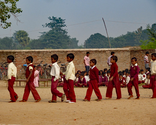 Boys walking in a line at school